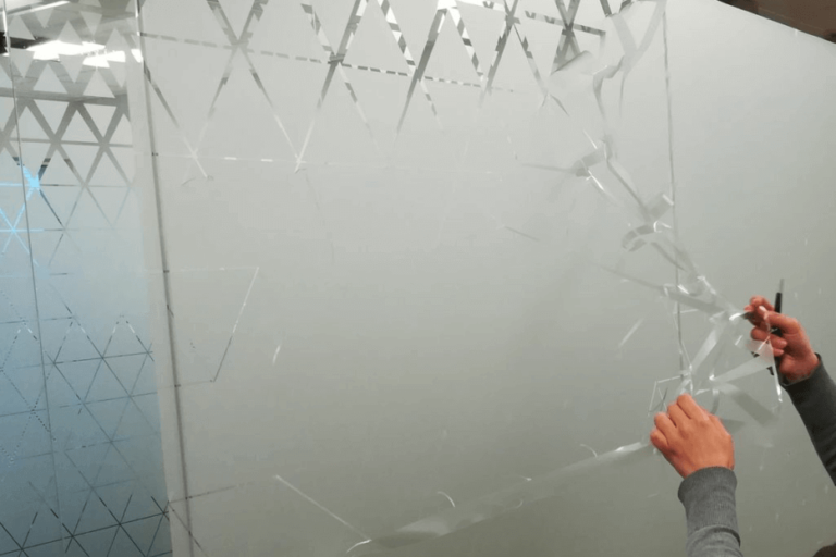 Film application on glass facades with 3M 5525-324 Sandblast