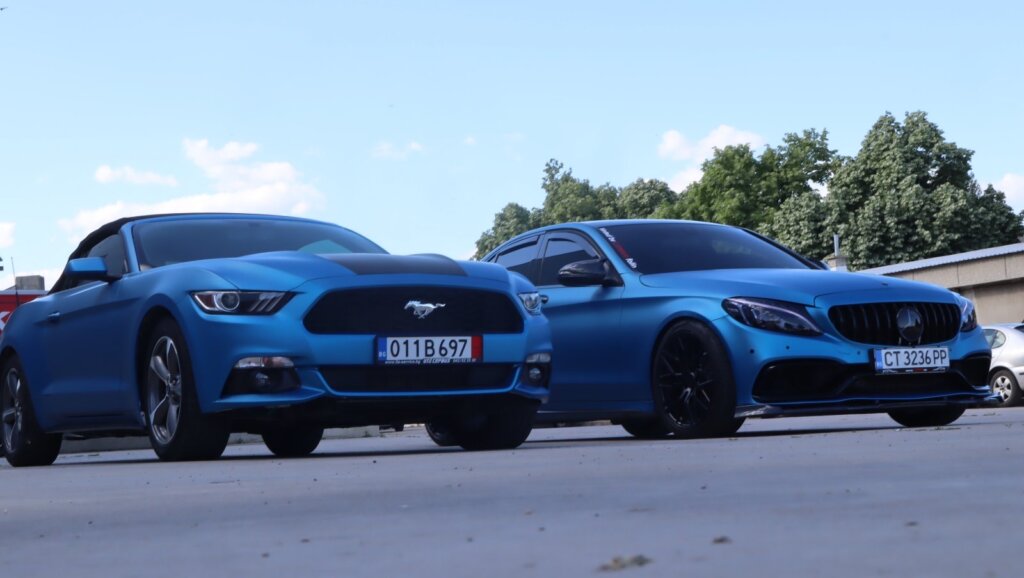 Ford Mustang and Mercedes wrapped with blue matte metallic from the 3M 2080 series